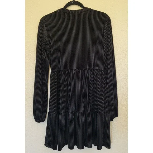 Womens Rib Velvet Dress Size L 8 Black Shein Long Sleeve Crew Neck Cinch Waist - Picture 2 of 9